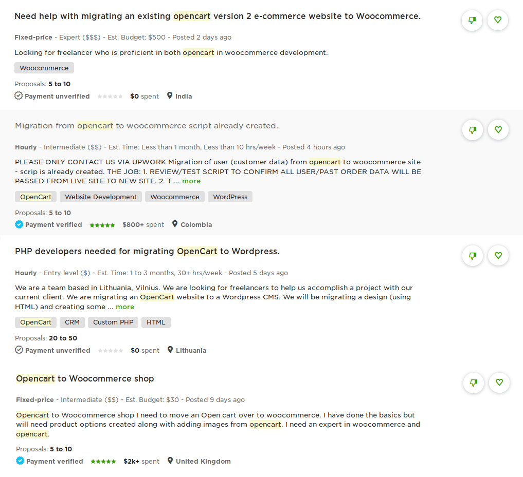 Upwork.com: Миграция с OpenCart на WooCommerce Upwork.com: Миграция с OpenCart на WooCommerce