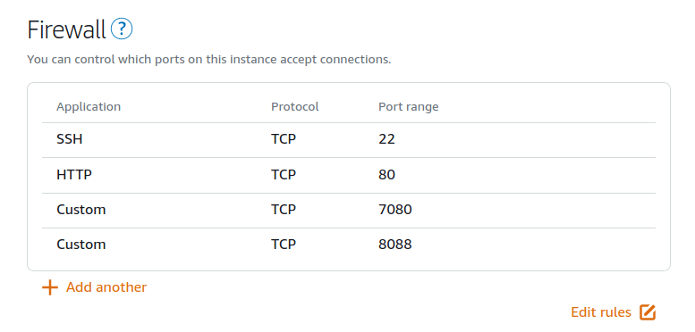 Добавленные порты 7080 и 8088 Добавленные порты 7080 и 8088