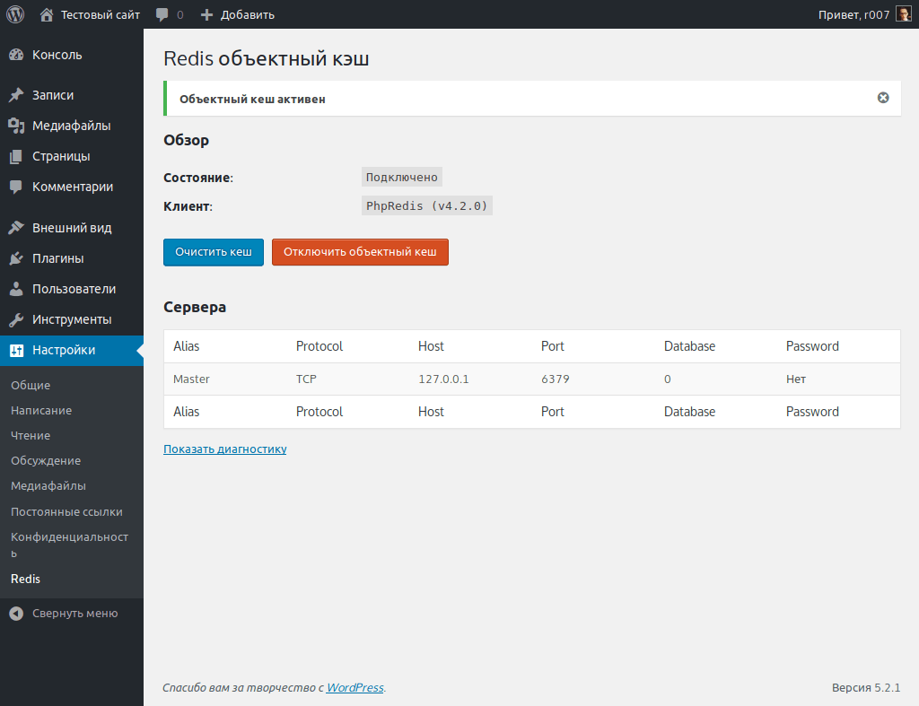 Окно настроек плагина Redis Object Cache Окно настроек плагина Redis Object Cache