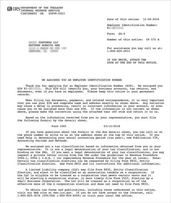 Письмо с присвоенным номером EIN